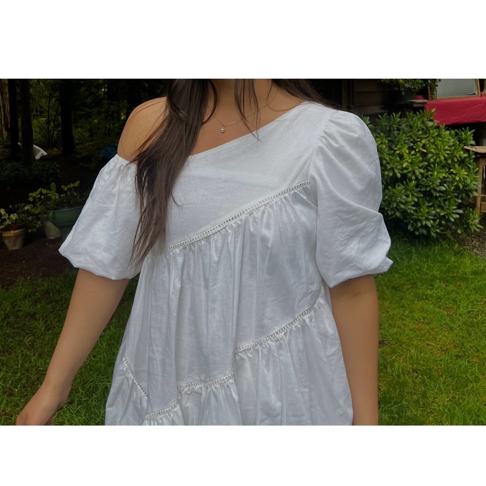 Showpo White One-Shoulder Puff Sleeve Tiered Dress
